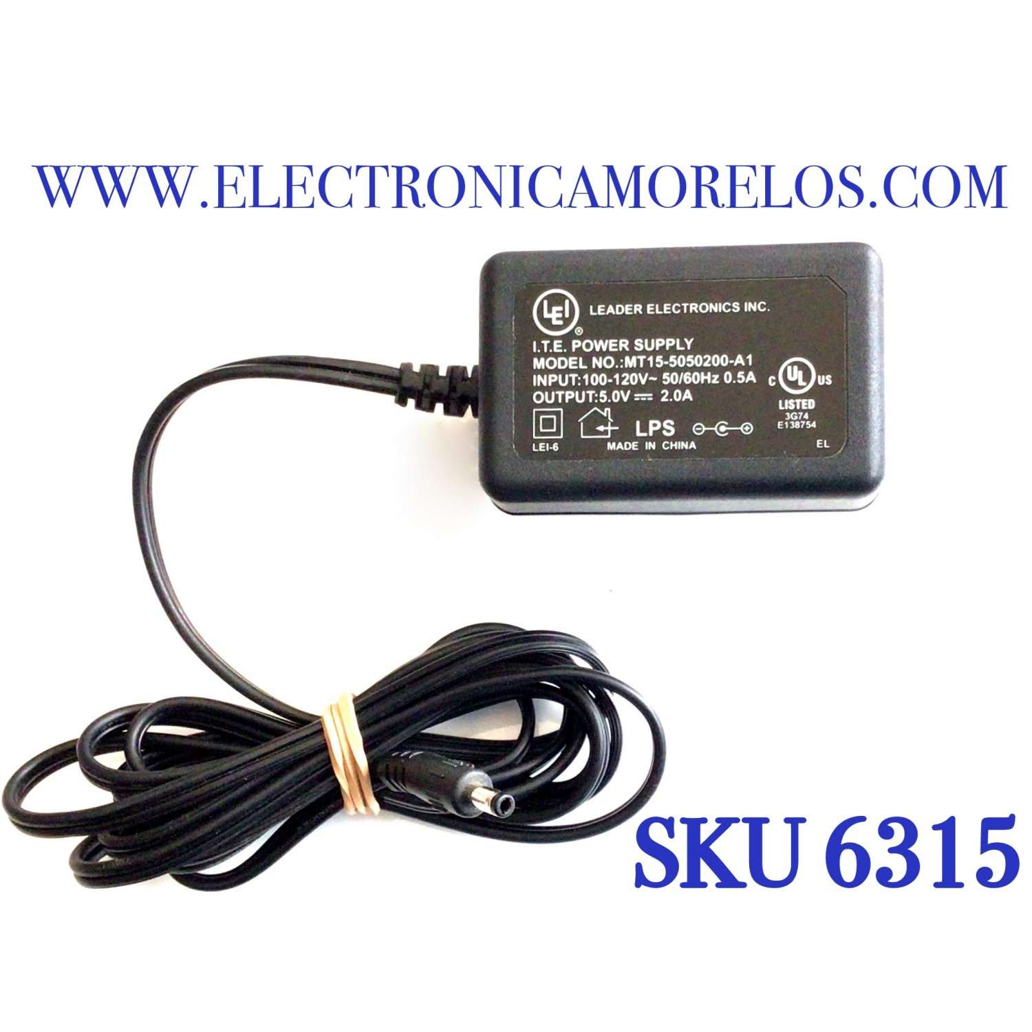 CARGADOR / ADAPTADOR DE FUENTE DE ALIMENTACION LEI / VCA-VCD / NUMERO DE PARTE MT15-5050200-A1 / ENTRADA VCA 100-120V~ 50/60HZ 0.5A / SALIDA VCD 5.0V 2.0A / MODELO MT15-5050200-A1